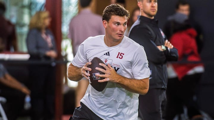 Fernando Mendoza participates in Indiana University's Pro Day at Mellencamp Pavilion on Wednesday, April 1, 2026.