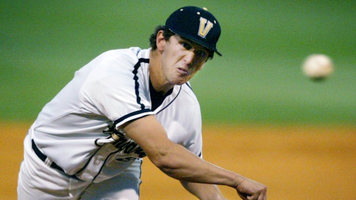 Vanderbilt pitcher Michael Wagner lets the ball fly against an Belmont batter during the Commodores 4-1 victory at their Hawkins Field before a crowd of 1,546 on April 19, 2005.