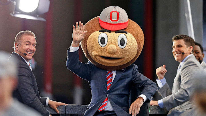 Former Indiana coach Lee Corso picks the Ohio State Buckeyes for the win over his former Hoosiers on ESPN's College Game Day before Thursday's NCAA Division I football game at Memorial Stadium in Bloomington, Ind., on August 31, 2017.