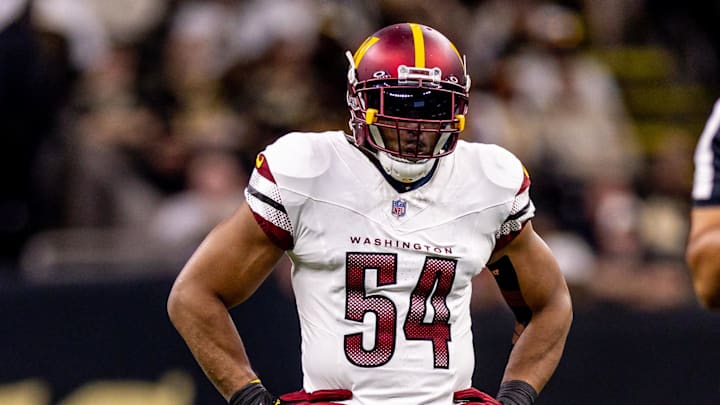 Dec 15, 2024; New Orleans, Louisiana, USA;  Washington Commanders linebacker Bobby Wagner (54) looks on against the New Orleans Saints during the first half at Caesars Superdome. Mandatory Credit: Stephen Lew-Imagn Images