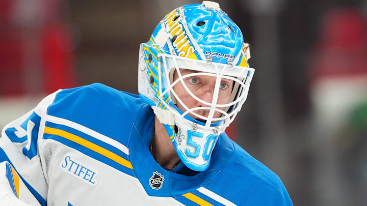 Mar 12, 2026; Raleigh, North Carolina, USA;  St. Louis Blues goaltender Jordan Binnington (50) looks on during the warmups before the game against the Carolina Hurricanes at Lenovo Center. Mandatory Credit: James Guillory-Imagn Images