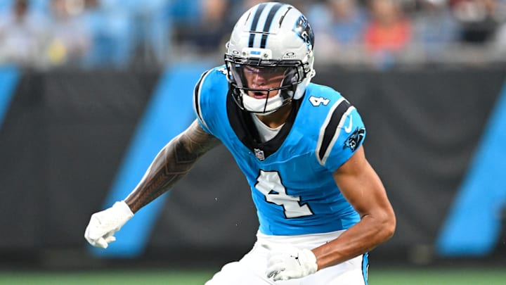 Aug 8, 2025; Charlotte, North Carolina, USA; Carolina Panthers wide receiver Tetairoa McMillan (4) on the field in the second quarter at Bank of America Stadium. Aug 8, 2025; Charlotte, North Carolina, USA; Carolina Panthers wide receiver Tetairoa McMillan (4) on the field in the second quarter at Bank of America Stadium.