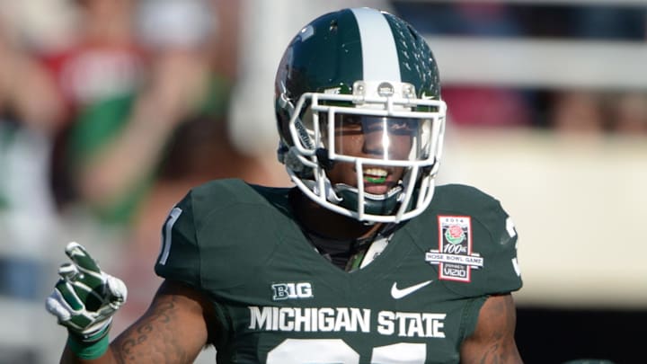 Jan 1, 2014; Pasadena, CA, USA; Michigan State Spartans cornerack Darqueze Dennard (31) reacts during the 100th Rose Bowl against the Stanford Cardinal. Mandatory Credit: Kirby Lee-Imagn Images