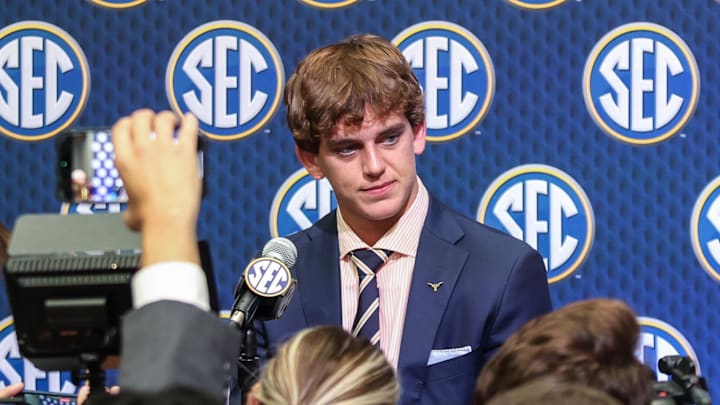 Texas quarterback Arch Manning meets with the media before his first season as the starting quarterback.