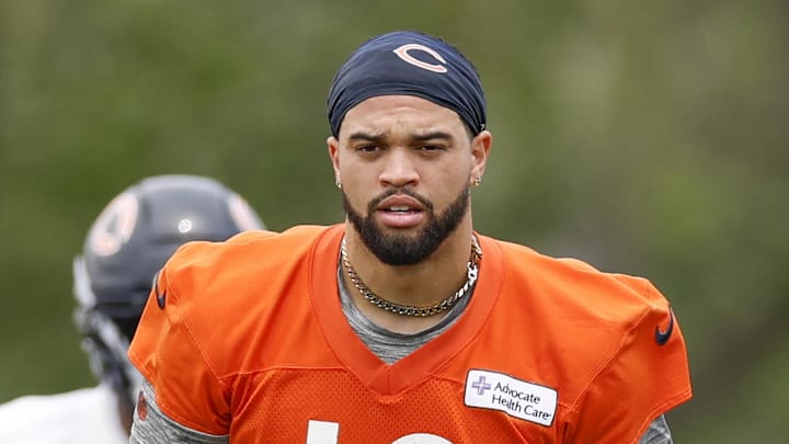 Jun 3, 2025; Lake Forest, IL, USA; Chicago Bears quarterback Caleb Williams (18) looks on during minicamp at Halas Hall. Mandatory Credit: Kamil Krzaczynski-Imagn Images