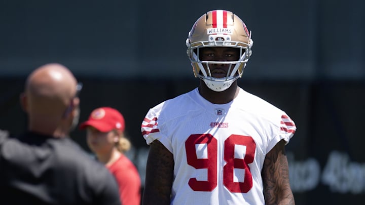 May 9, 2025; Santa Clara, CA, USA; San Francisco 49ers defensive lineman Mikel Williams (98) works out during the teamís rookie minicamp. Mandatory Credit: D. Ross Cameron-Imagn Images May 9, 2025; Santa Clara, CA, USA; San Francisco 49ers defensive lineman Mikel Williams (98) works out during the teamís rookie minicamp. Mandatory Credit: D. Ross Cameron-Imagn Images