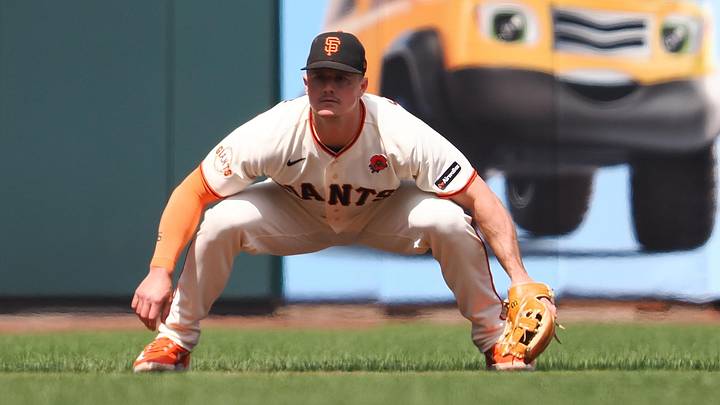 May 25, 2026; San Francisco, California, USA; San Francisco Giants third baseman Matt Chapman (26) in position during the fourth inning against the Arizona Diamondbacks at Oracle Park. Mandatory Credit: Kelley L Cox-Imagn Images