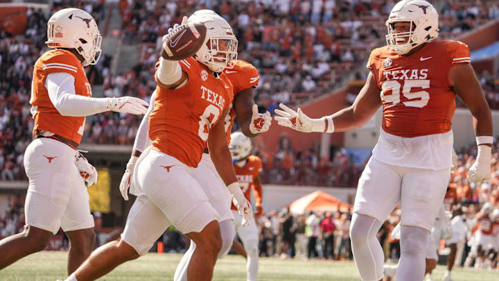 Texas Longhorns linebacker Trey Moore (8) celebrates after intercepting the ball during the Longhorns' game against the Florida Gators, Nov. 9, 2024 at Darrell K. Royal Texas Memorial Stadium in Austin.