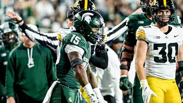 Michigan State's Kay'ron Lynch-Adams celebrates after a run against Iowa during the fourth quarter on Saturday, Oct. 19, 2024, at Spartan Stadium in East Lansing.