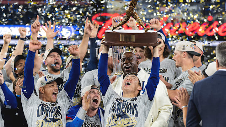 Yoshinobu Yamamoto (center) took home the 2025 World Series MVP for the Dodgers.