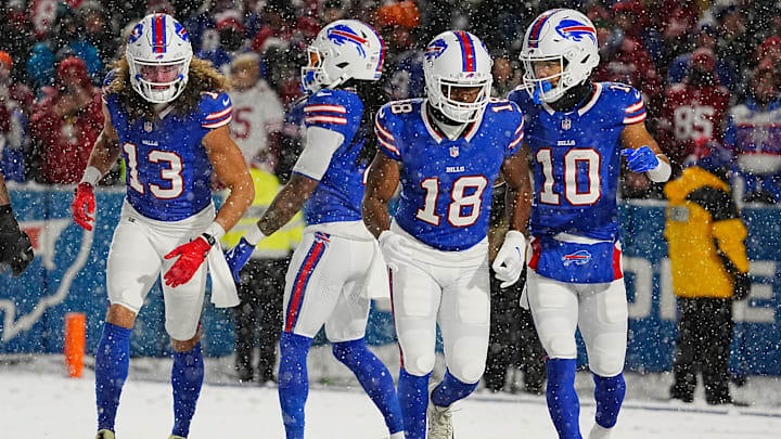 Bills wide receivers Mack Hollins, Amari Cooper, and Khalil Shakir run off the field
