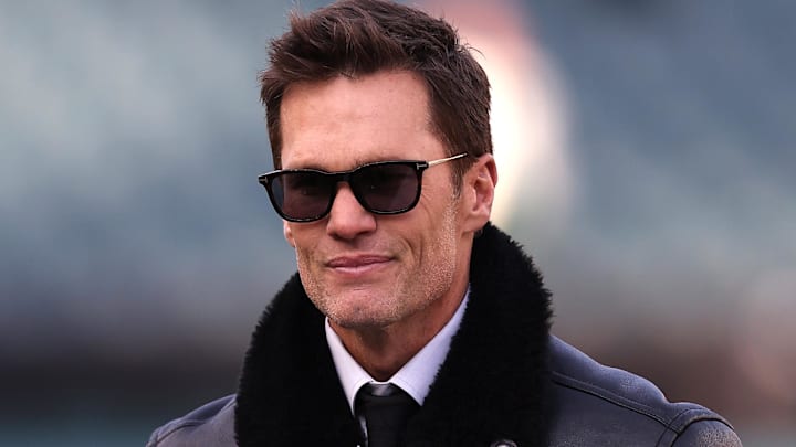 Jan 12, 2025; Philadelphia, Pennsylvania, USA; Announcer Tom Brady looks on before an NFC wild card game between the Philadelphia Eagles and the Green Bay Packers at Lincoln Financial Field. Mandatory Credit: Bill Streicher-Imagn Images