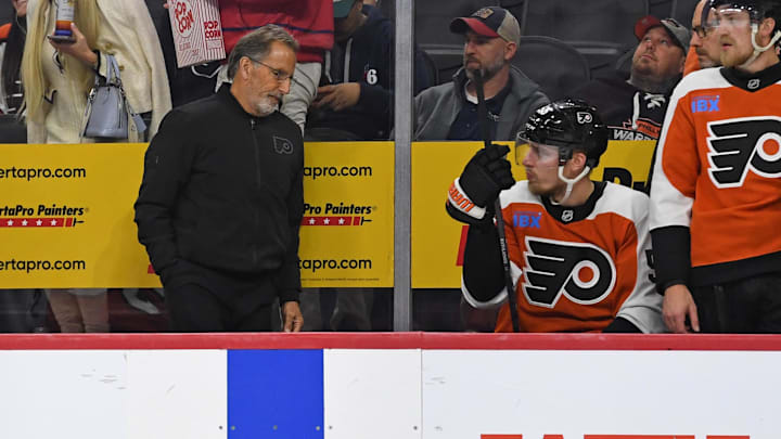 Oct 22, 2024; Philadelphia, Pennsylvania, USA; Philadelphia Flyers head coach John Tortorella leaves the bench after loss to Washington Capitals at Wells Fargo Center. Mandatory Credit: Eric Hartline-Imagn Images