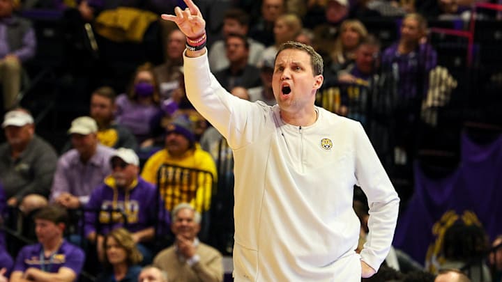 Jan 4, 2022; Baton Rouge, Louisiana, USA;  LSU Tigers head coach Will Wade reacts to a play against the Kentucky Wildcats during the first half at the Pete Maravich Assembly Center. Mandatory Credit: Stephen Lew-Imagn Images