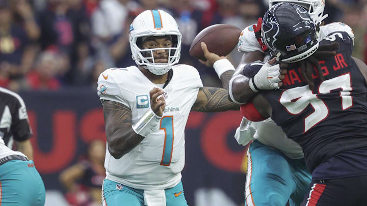 Miami Dolphins quarterback Tua Tagovailoa (1) in action during the game against the Houston Texans at NRG Stadium. 