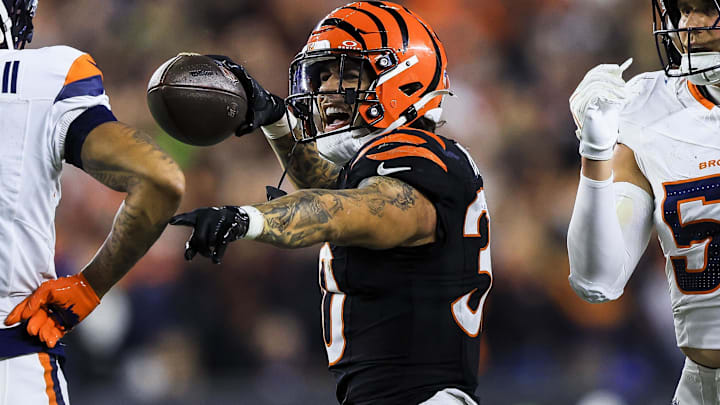 Dec 28, 2024; Cincinnati, Ohio, USA; Cincinnati Bengals running back Chase Brown (30) reacts after advancing the ball against the Denver Broncos in the second half at Paycor Stadium. Mandatory Credit: Katie Stratman-Imagn Images