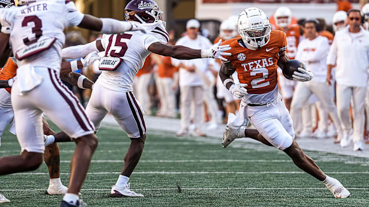 Texas Longhorns receiver Matthew Golden (2) runs the ball during the game against Mississippi State at Darrell K Royal-Texas Memorial Stadium in Austin Saturday, Sept. 28, 2024.