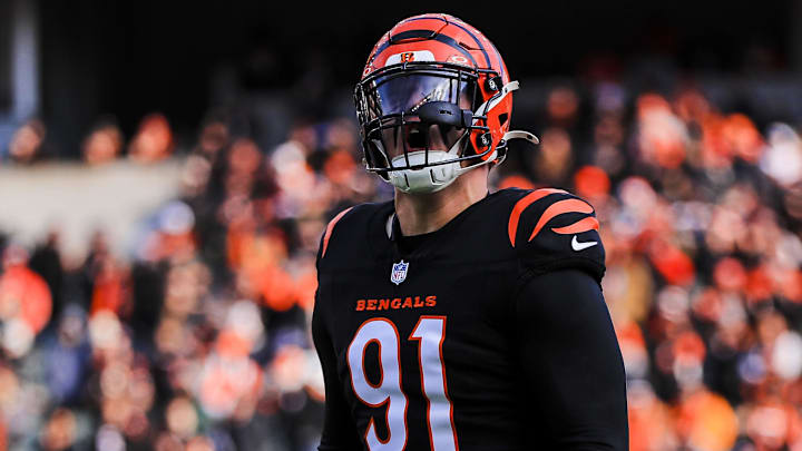 Dec 22, 2024; Cincinnati, Ohio, USA; Cincinnati Bengals defensive end Trey Hendrickson (91) runs onto the field before the game against the Cleveland Browns at Paycor Stadium. Mandatory Credit: Katie Stratman-Imagn Images