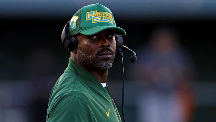 Aug 28, 2025; Norfolk, VA, USA; Norfolk State Spartans head coach Michael Vick looks on from the sidelines during the first half against the Towson Tigers at William Price Stadium. Mandatory Credit: Peter Casey-Imagn Images