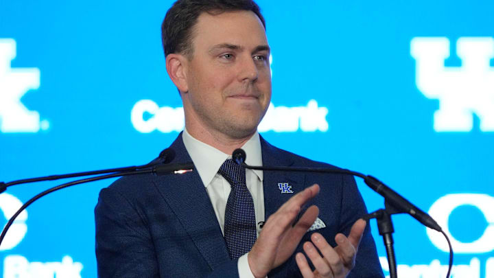 New Kentucky Wildcat head coach Will Stein makes remarks as he is introduced at Kentucky on Wednesday, December 3, 2025