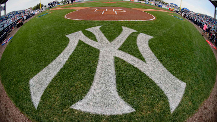 Mar 18, 2016; Tampa, FL, USA; A view of the field and the New York Yankees logo before the game between the Yankees and the Baltimore Orioles at George M. Steinbrenner Field. The Orioles defeat the Yankees 11-2. Mandatory Credit: Jerome Miron-Imagn Images
