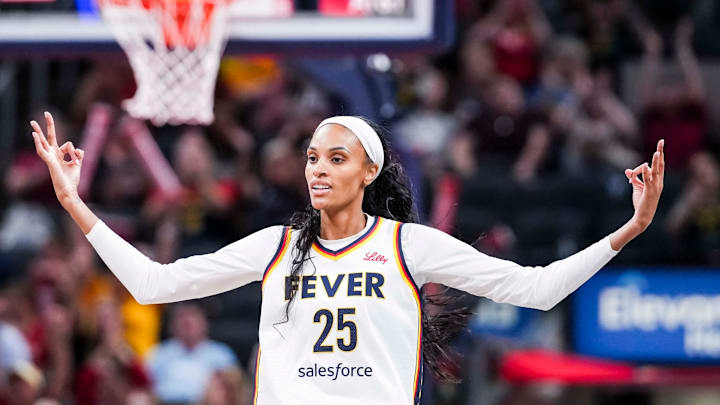 Indiana Fever forward DeWanna Bonner (25) celebrates a 3-pointer Tuesday, June 3, 2025, during a game between the Indiana Fever and the Washington Mystics at Gainbridge Fieldhouse in Indianapolis. Indiana Fever forward DeWanna Bonner (25) celebrates a 3-pointer Tuesday, June 3, 2025, during a game between the Indiana Fever and the Washington Mystics at Gainbridge Fieldhouse in Indianapolis.