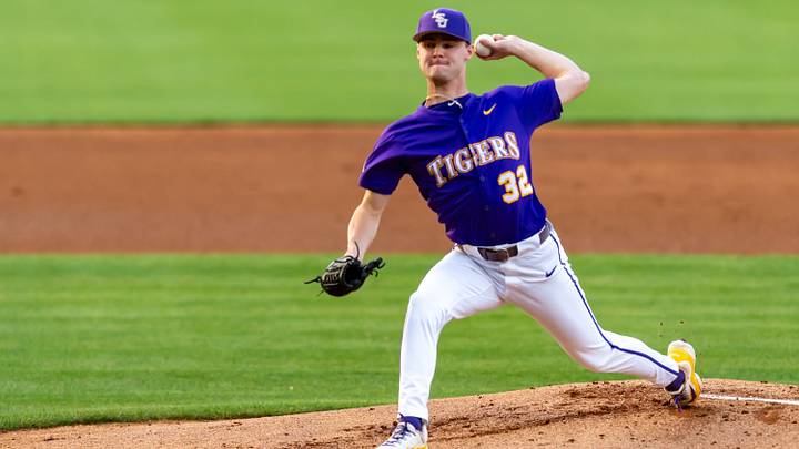 Tigers starting pitcher Kade Anderson (32) on the mound as the LSU Tigers take on Alabama Baseball in Baton Rouge, LA. Thursday, April 17, 2025. Tigers starting pitcher Kade Anderson (32) on the mound as the LSU Tigers take on Alabama Baseball in Baton Rouge, LA. Thursday, April 17, 2025.