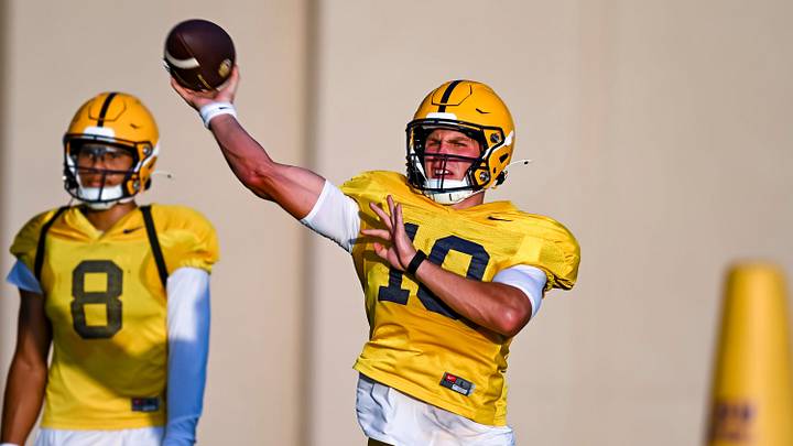 Quarterback Sam Leavitt 10 during LSU Football practice. August 18, 2026. Quarterback Sam Leavitt 10 during LSU Football practice. August 18, 2026.