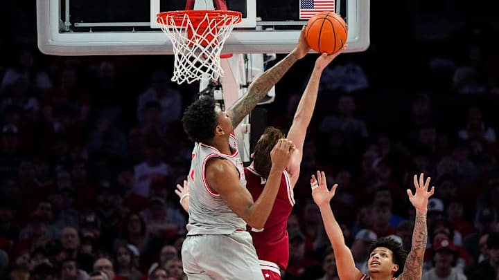 Ohio State Buckeyes forward Amare Bynum (1) blocks the shot of Indiana Hoosiers forward Reed Bailey (1) in the first half of the NCAA game at Value City Arena on Saturday, March 7, 2026 in Columbus, Ohio.