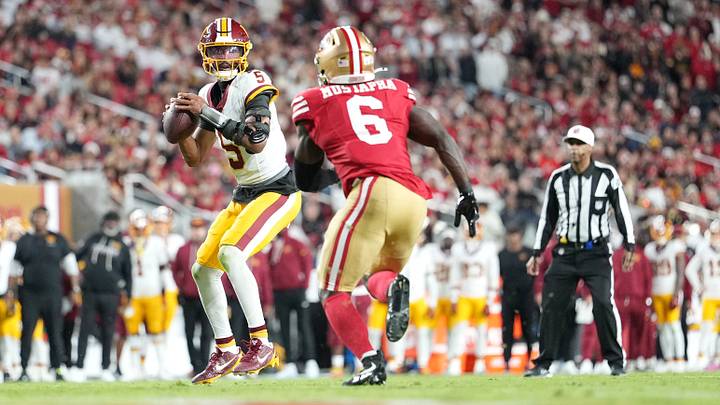 Oct 19, 2026; Santa Clara, California, USA; Washington Commanders quarterback Jayden Daniels (5) looks to pass during the third quarter against the San Francisco 49ers at Levi's Stadium. Mandatory Credit: Cary Edmondson Oct 19, 2026; Santa Clara, California, USA; Washington Commanders quarterback Jayden Daniels (5) looks to pass during the third quarter against the San Francisco 49ers at Levi's Stadium. Mandatory Credit: Cary Edmondson