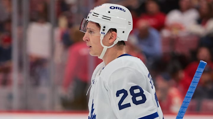 Dec 2, 2025; Sunrise, Florida, USA; Toronto Maple Leafs defenseman Troy Stecher (28) looks on against the Florida Panthers during the first period at Amerant Bank Arena. Mandatory Credit: Sam Navarro-Imagn Images