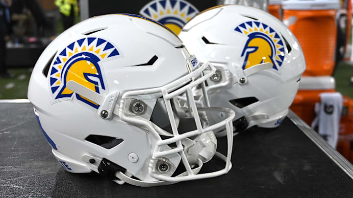Sep 20, 2024; Pullman, Washington, USA; San Jose State Spartans helmets sit during a game against the Washington State Cougars in the second half at Gesa Field at Martin Stadium. Mandatory Credit: James Snook-Imagn Images Sep 20, 2024; Pullman, Washington, USA; San Jose State Spartans helmets sit during a game against the Washington State Cougars in the second half at Gesa Field at Martin Stadium. Mandatory Credit: James Snook-Imagn Images