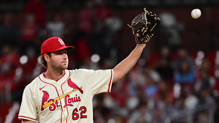Sep 6, 2025; St. Louis, Missouri, USA; St. Louis Cardinals pitcher Kyle Leahy (62) catches the throw from the catcher in a game against the San Francisco Giants at Busch Stadium. Mandatory Credit: Tim Vizer-Imagn Images Sep 6, 2025; St. Louis, Missouri, USA; St. Louis Cardinals pitcher Kyle Leahy (62) catches the throw from the catcher in a game against the San Francisco Giants at Busch Stadium. Mandatory Credit: Tim Vizer-Imagn Images