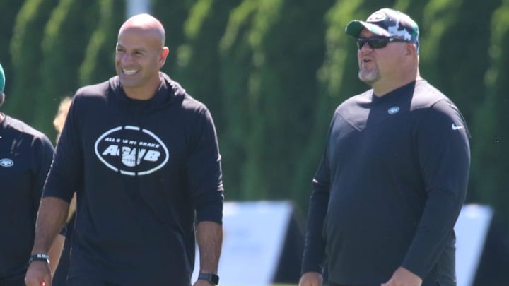 Jets coach Robert Saleh and general manager Joe Douglas look on during practice at the New York Jets Training Camp in Florham Park, N.J. on July 30, 2022.