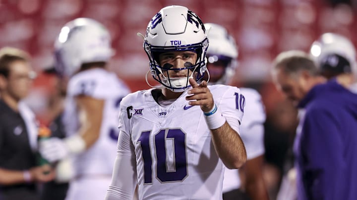 Oct 19, 2024; Salt Lake City, Utah, USA; TCU Horned Frogs quarterback Josh Hoover (10) warms up before a game against the Utah Utes at Rice-Eccles Stadium. Mandatory Credit: Rob Gray-Imagn Images
