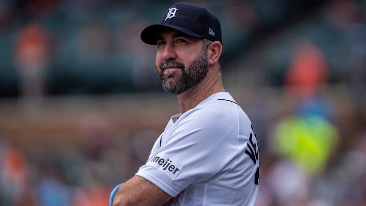 Detroit Tigers pitcher Justin Verlander watches from the dugout during a game against the Chicago White Sox at Comerica Park in Detroit on Sunday, June 21, 2026. Detroit Tigers pitcher Justin Verlander watches from the dugout during a game against the Chicago White Sox at Comerica Park in Detroit on Sunday, June 21, 2026.