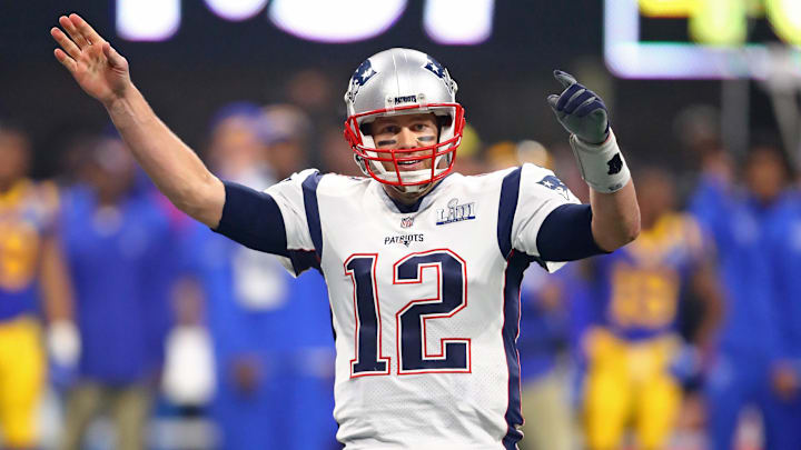 Tom Brady reacts after throwing a pass in the Patriots' 13–3 win over the Rams in Super Bowl LIII.