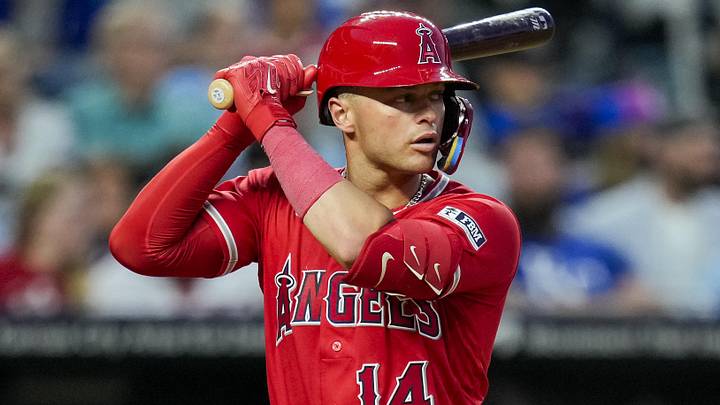 Apr 25, 2026; Kansas City, Missouri, USA; Los Angeles Angels catcher Logan O'Hoppe (14) bats during the seventh inning against the Kansas City Royals at Kauffman Stadium. Mandatory Credit: Jay Biggerstaff-Imagn Images