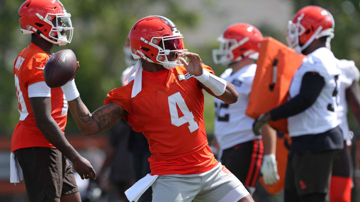 Browns quarterback Deshaun Watson throws during minicamp, Tuesday, June 11, 2024, in Berea.