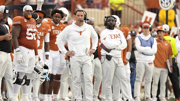 Texas Longhorns head coach Steve Sarkisian observes the second half against the Vanderbilt Commodores at Darrell K Royal-Texas Memorial Stadium. 