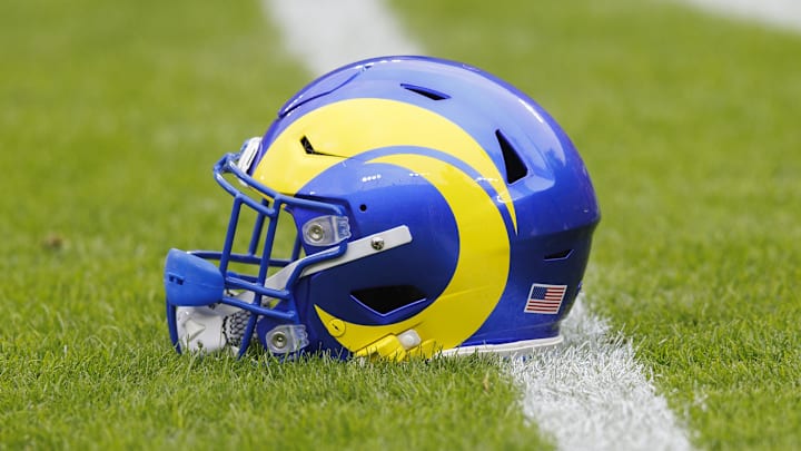 Nov 5, 2023; Green Bay, Wisconsin, USA; General view of an Los Angeles Rams helmet during warmups prior to the game against the Green Bay Packers at Lambeau Field. Mandatory Credit: Jeff Hanisch-Imagn Images Nov 5, 2023; Green Bay, Wisconsin, USA; General view of an Los Angeles Rams helmet during warmups prior to the game against the Green Bay Packers at Lambeau Field. Mandatory Credit: Jeff Hanisch-Imagn Images