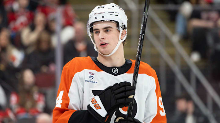 Apr 7, 2026; Newark, New Jersey, USA; Philadelphia Flyers right wing Porter Martone (94) takes a break during a stoppage in play against the New Jersey Devils during the second period at Prudential Center. Mandatory Credit: Luther Schlaifer-Imagn Images