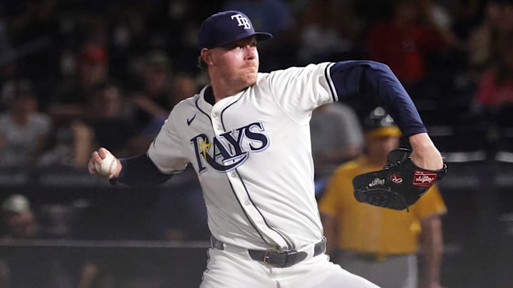 Tampa Bay Rays pitcher Pete Fairbanks (29) throws a pitch to close out the game. 