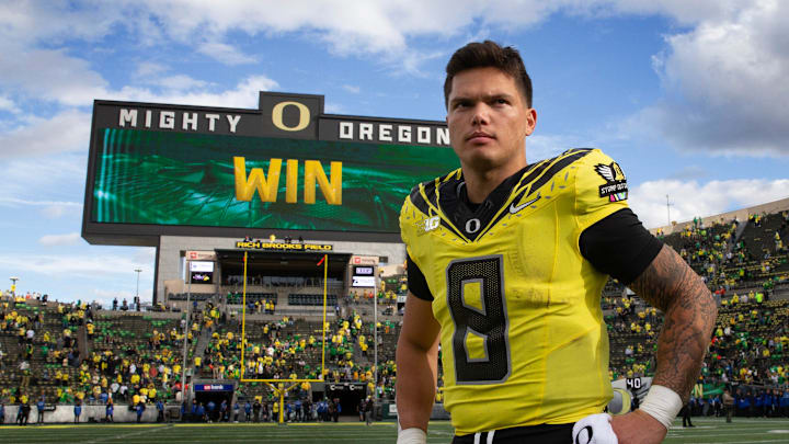 Oregon quarterback Dillon Gabriel leaves the field after the win over Illinois at Autzen Stadium in Eugene Saturday, Oct 26, 2024.