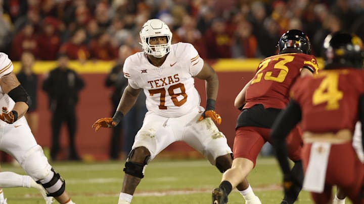 Nov 18, 2023; Ames, Iowa, USA; Texas Longhorns offensive lineman Kelvin Banks Jr. (78) plays against the Iowa State Cyclones at Jack Trice Stadium. Mandatory Credit: Reese Strickland-Imagn Images