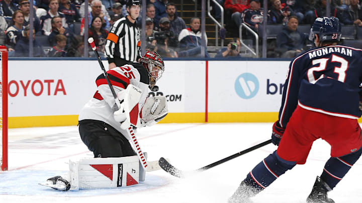 New Jersey Devils goalie Jacob Markstrom (25). Mandatory Credit: Russell LaBounty-Imagn Images