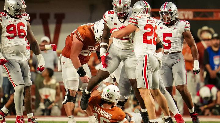 Ohio State defensive end Kenyatta Jackson Jr. (2) celebrates a sack of Texas quarterback Arch Manning (16) during the first half at Darrell K Royal–Texas Memorial Stadium in Austin, Texas on Sept. 12, 2026. Ohio State defensive end Kenyatta Jackson Jr. (2) celebrates a sack of Texas quarterback Arch Manning (16) during the first half at Darrell K Royal–Texas Memorial Stadium in Austin, Texas on Sept. 12, 2026.