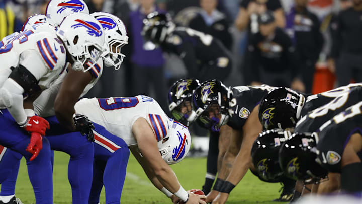 Sep 29, 2024; Baltimore, Maryland, USA; The Buffalo Bills offense lines up against the Baltimore Ravens defense at M&T Bank Stadium. Mandatory Credit: Geoff Burke-Imagn Images