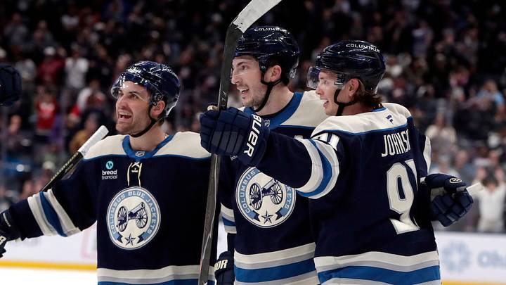 Oct 17, 2026; Columbus, Ohio, USA;  Columbus Blue Jackets Center Kent Johnson (91) celebrates his goal during overtime against the New York Rangers at Nationwide Arena.  Mandatory Credit: Russell LaBounty-Imagn Images