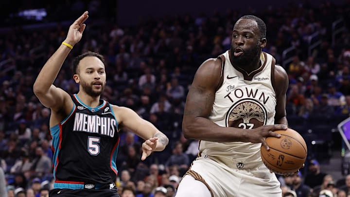 Feb 9, 2026; San Francisco, California, USA; Golden State Warriors forward Draymond Green (23) control set bell against Memphis Grizzlies forward Kyle Anderson (5) during the fourth quarter at Chase Center. Mandatory Credit: Kelley L Cox-Imagn Images Feb 9, 2026; San Francisco, California, USA; Golden State Warriors forward Draymond Green (23) control set bell against Memphis Grizzlies forward Kyle Anderson (5) during the fourth quarter at Chase Center. Mandatory Credit: Kelley L Cox-Imagn Images